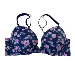 Victoria Secret Navy Blue & Pink Floral Cabbage Rose Push Up Bra 34C
